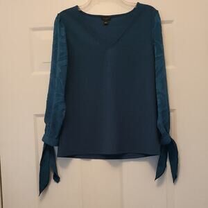 Ann Taylor Aqua Blue V-Neck Blouse 3/4 Sleeve With Ties Size S